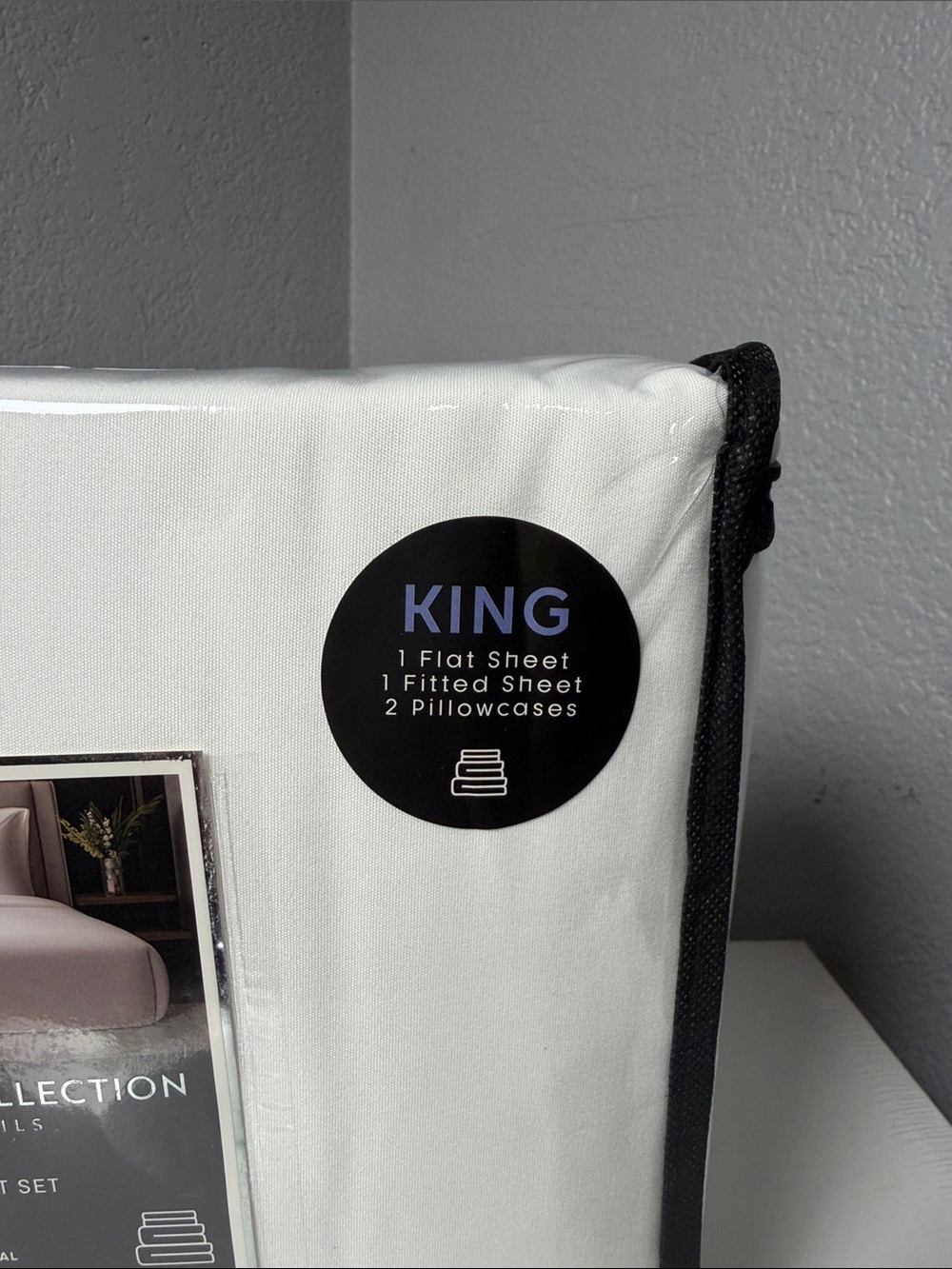 Hotel Collection King Sheet Set in White with Black Trim Packaging - Picture 2 of 4